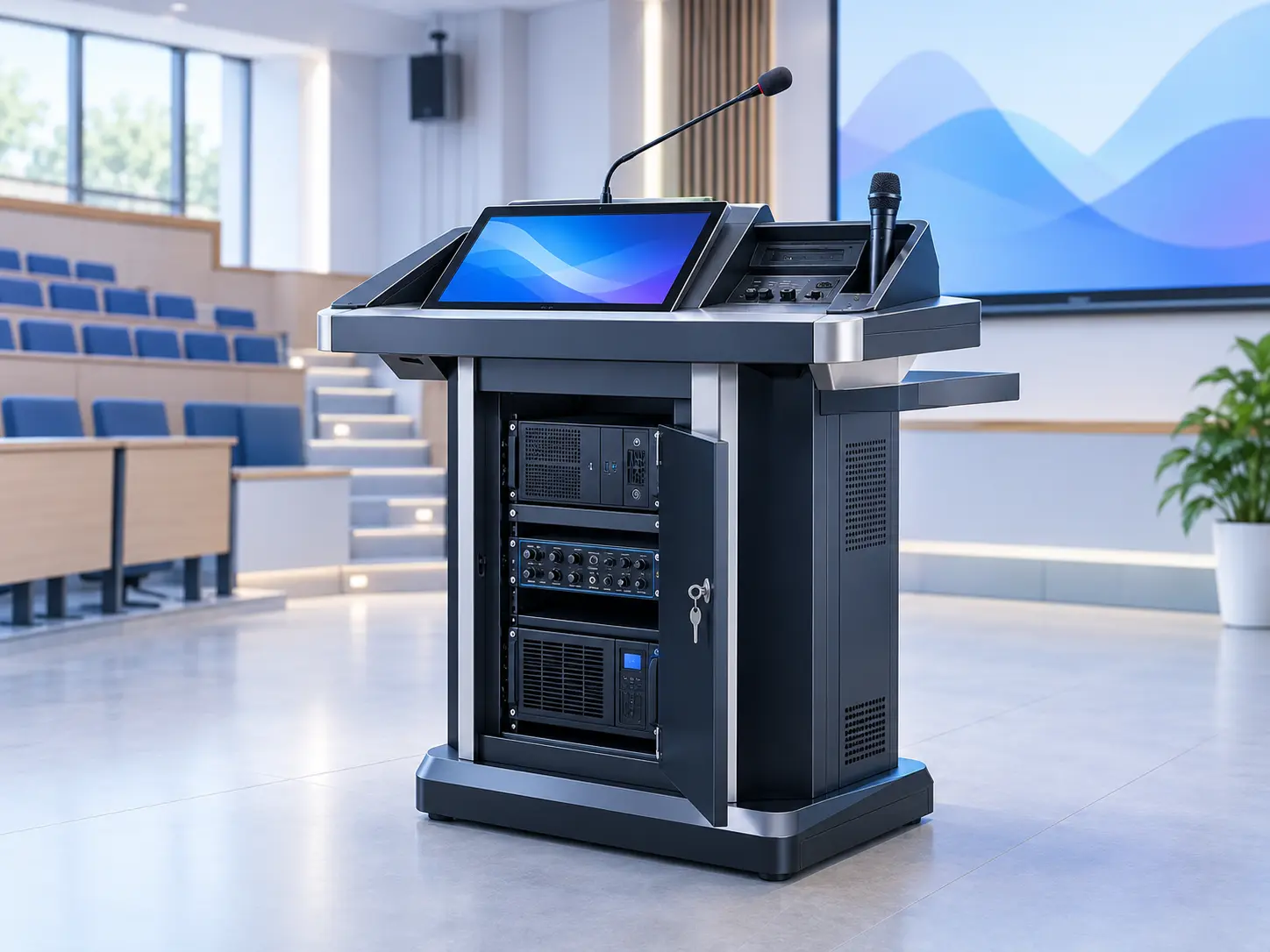Multimedia digital lectern with secured AV equipment in a university lecture hall